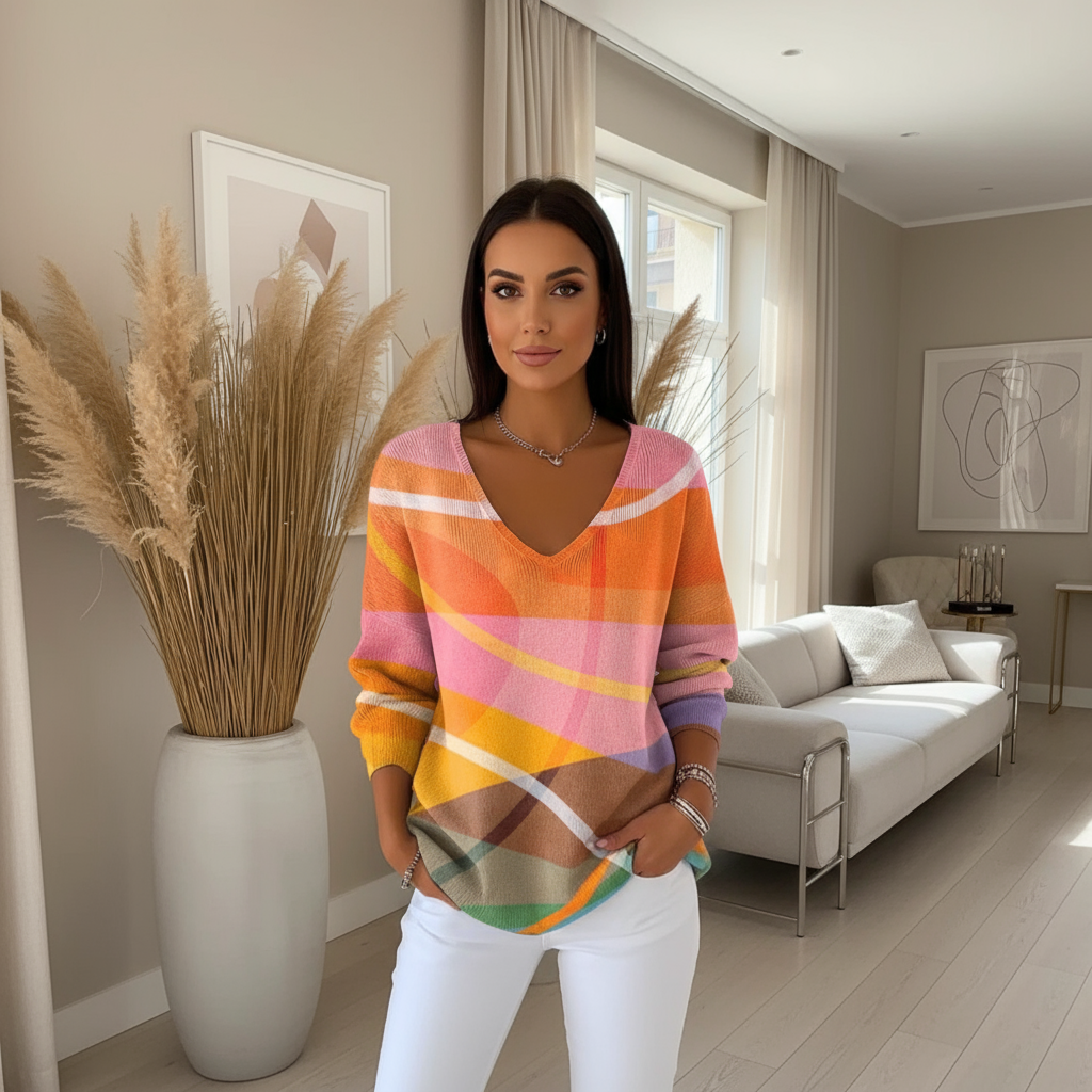 Close-Up of Printed Women's Gradient Color V-Neck Long-Sleeved T-Shirt Fabric – Soft French Velvet Texture Shines