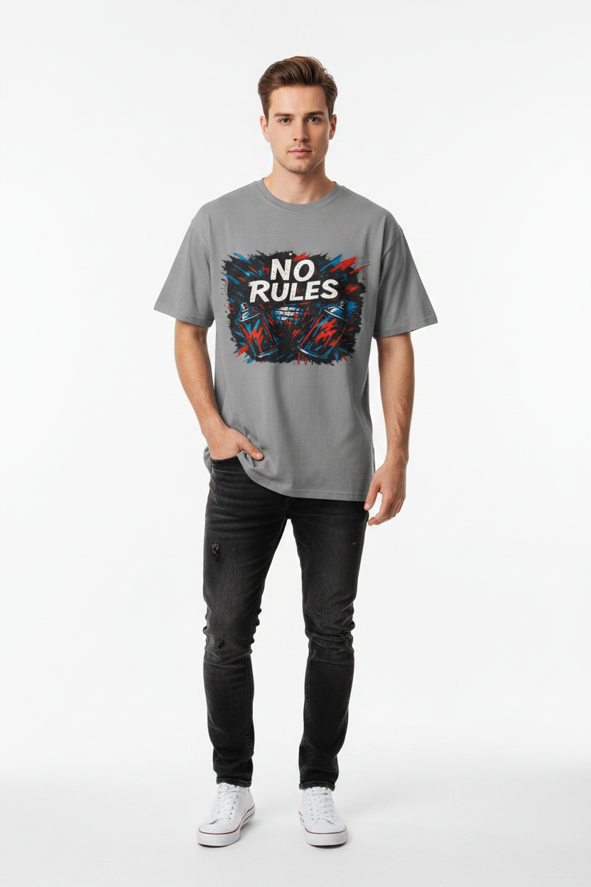 Model wearing the No Rules tee with jeans for an easy streetwear look