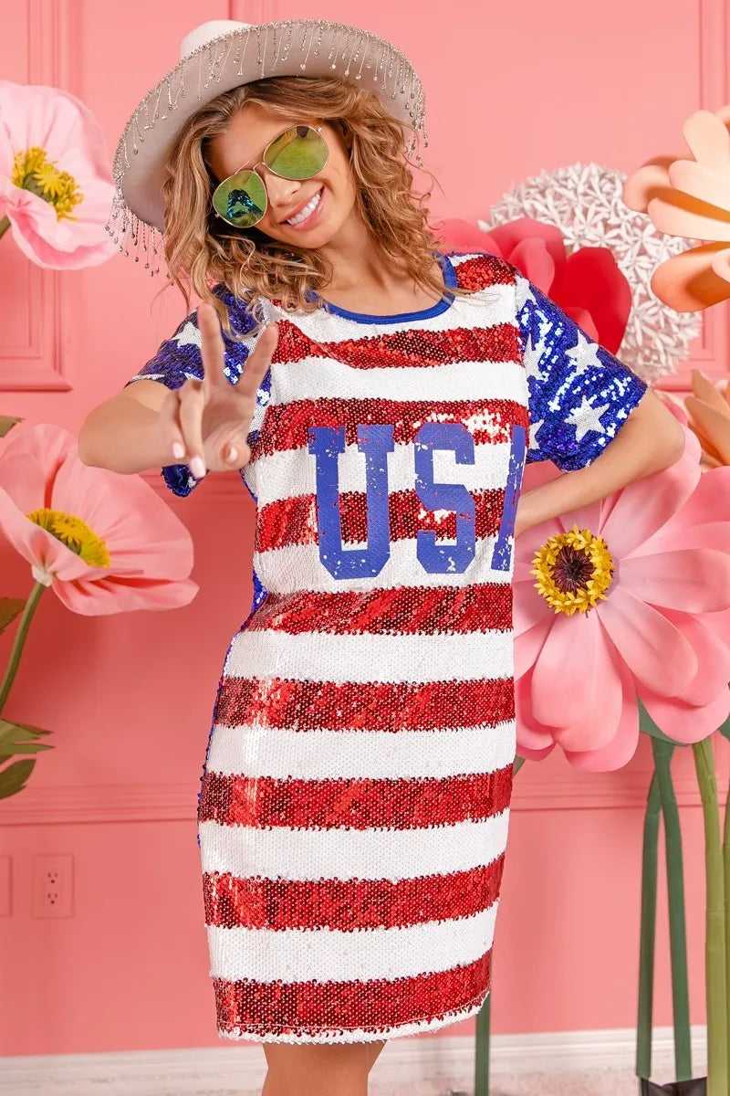 Close-up of neckline and sequins on BiBi USA flag sequin dress

