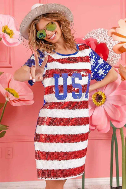 USA Flag Sequin Dress - Patriotic Sparkle for July 4th