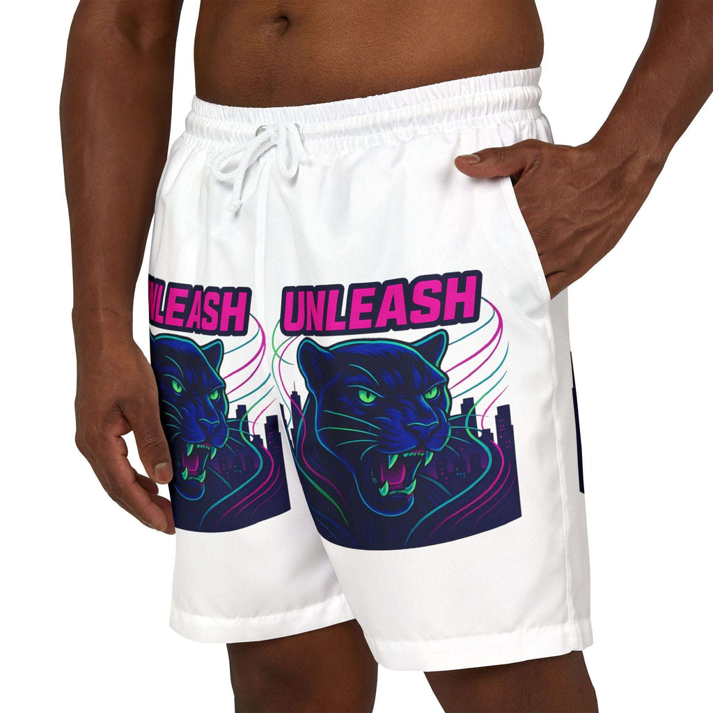 Model wearing panther swim shorts by the poolside

