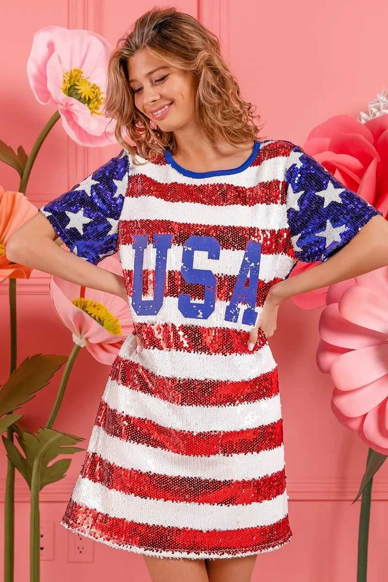 Close-up of shiny USA flag sequins on polyester dress

