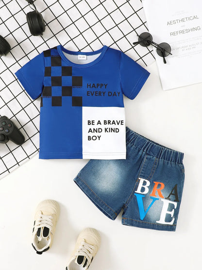 Close-up: Letter Print Tee Fabric – Kids Denim Shorts Set

