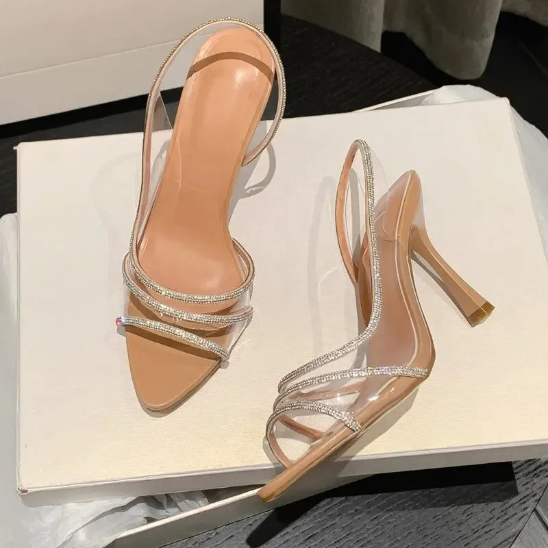 Close-up crystals – sparkle detail on rhinestone slingback pumps