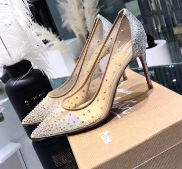 Close-up grid mesh sparkle on rhinestone mesh heels – elegant pointed toe, rhinestone mesh heels detail shot