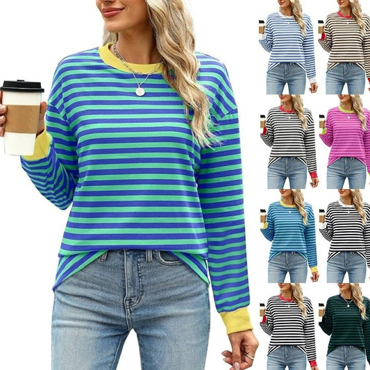 Close-up knit detail of Color Contrast Striped Long Sleeve round neck