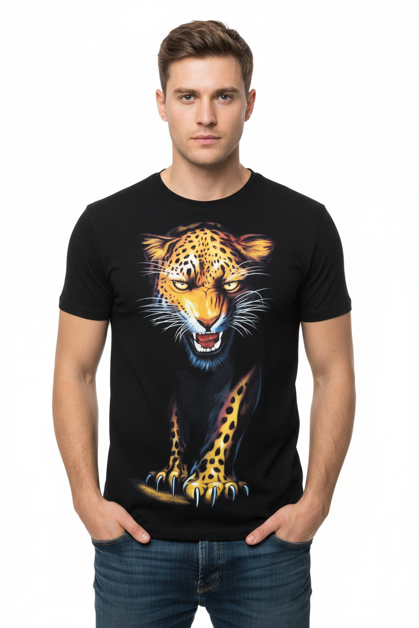 Close-up of high-temperature 3D leopard print, vivid orange-gold detail on black cotton
