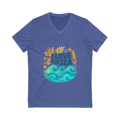 Close-up of “I Love the Sea” design on cotton v-neck tee, perfect for ocean enthusiasts

