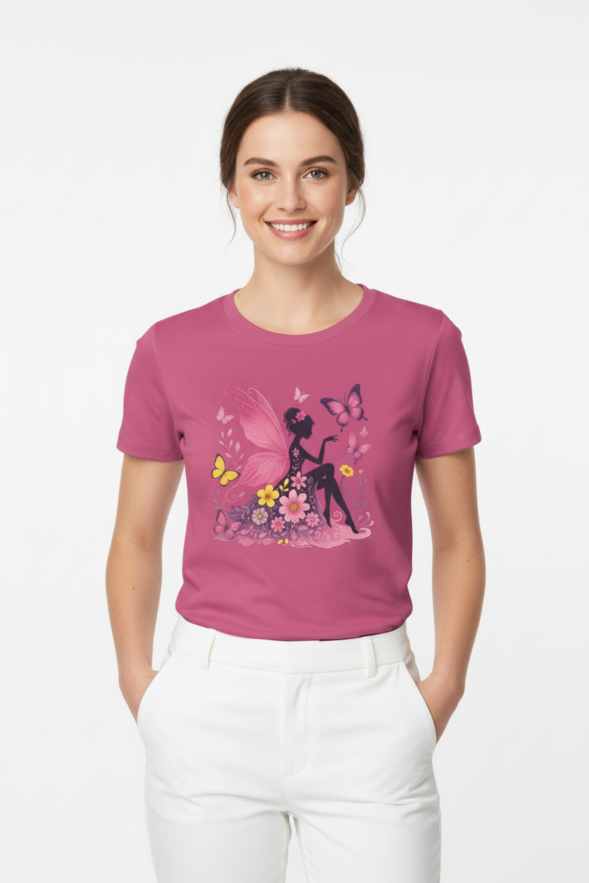 Women's slim-fit graphic tee with wildflower and butterfly boho design