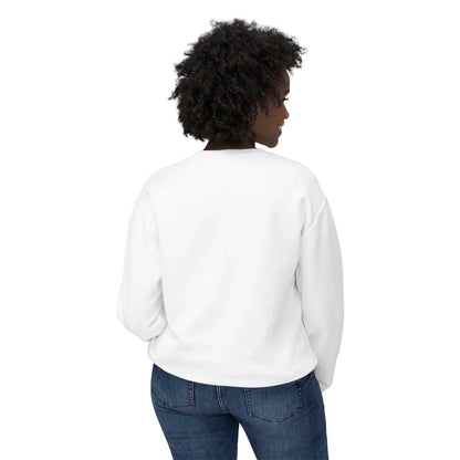 Woman wearing white sweatshirt showing back view