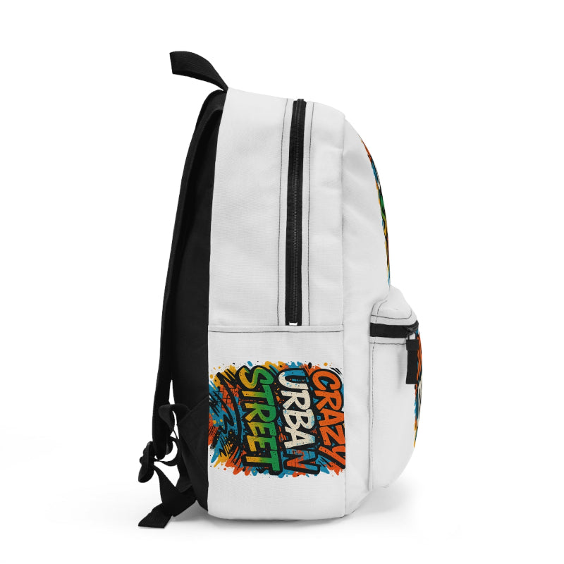 Close-up of durable zipper and print detail on graffiti rucksack


