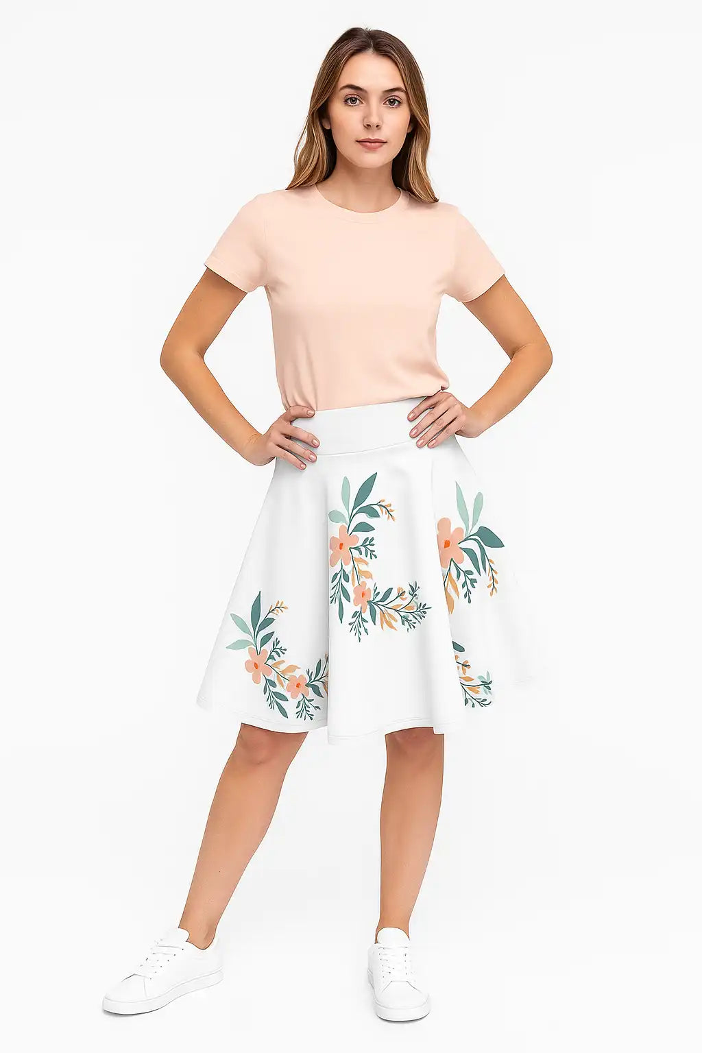 Close-up of floral skater skirt waistband with elastic fit

