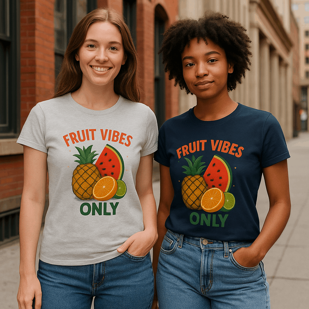 Close-up of fruit print on women’s summer tee

