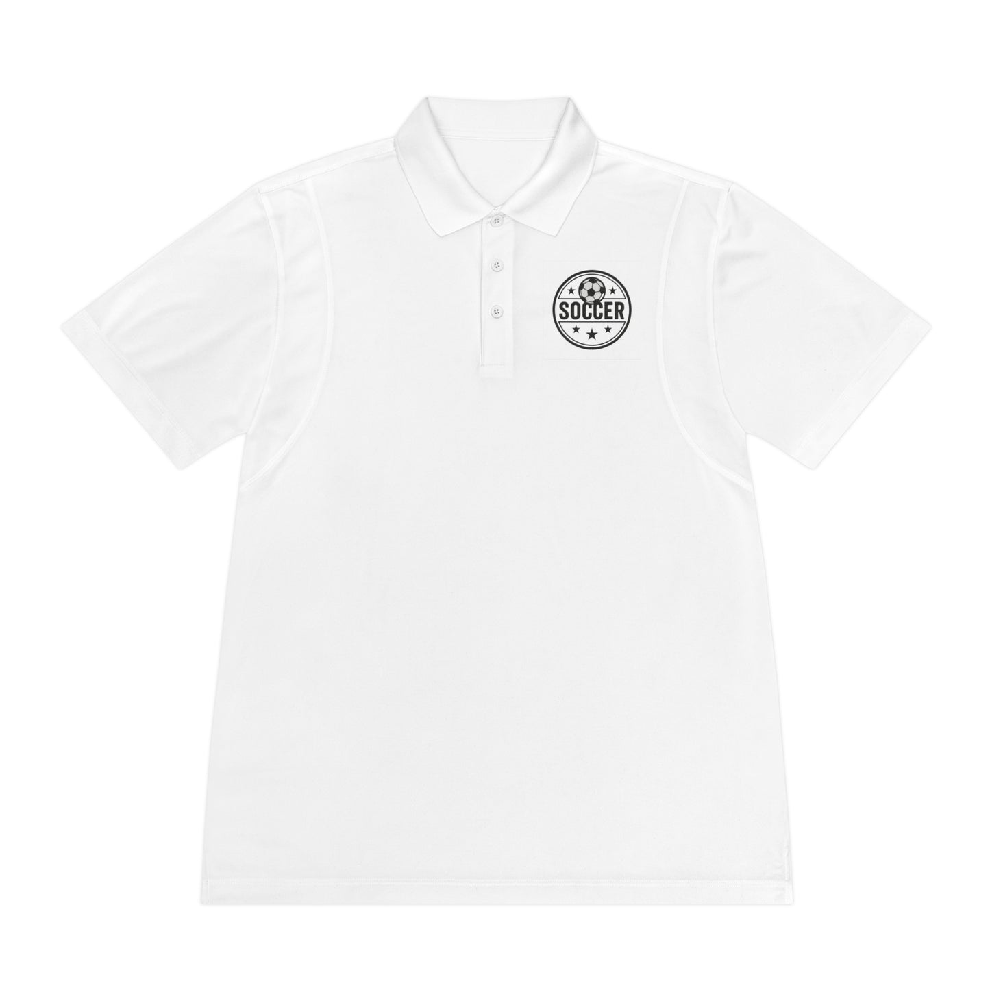 White men's soccer polo with logo and button collar