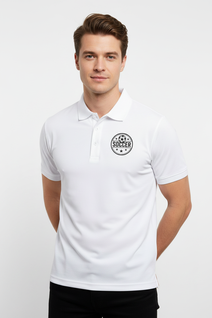 Athletic polo shirt for men in black, front view on fitness model, studio background
