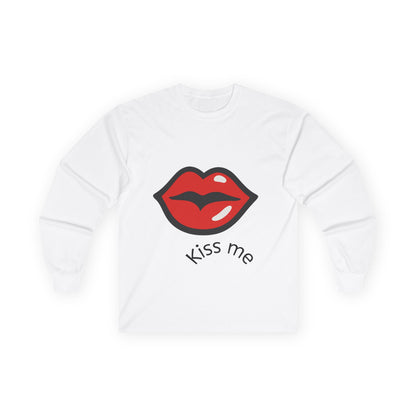 White long sleeve tee with red lips and Kiss Me text