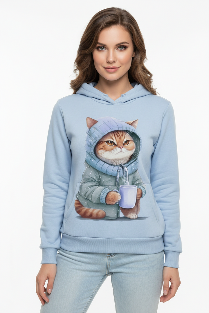 Close-up of 3D digital cat print detail on thick polyester hoodie surface