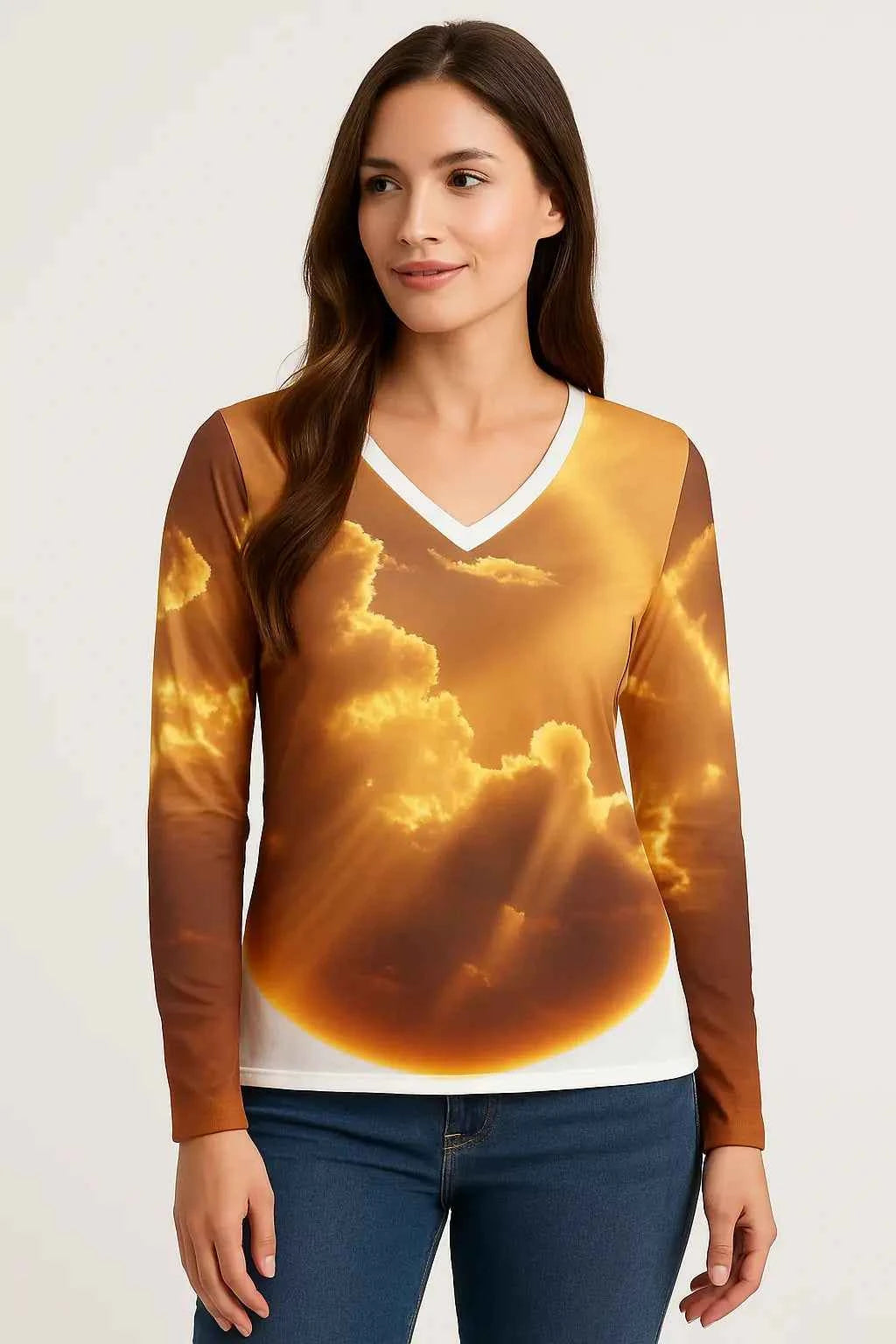 Golden Sunshine Boho V-neck Shirt – Casual Long Sleeve