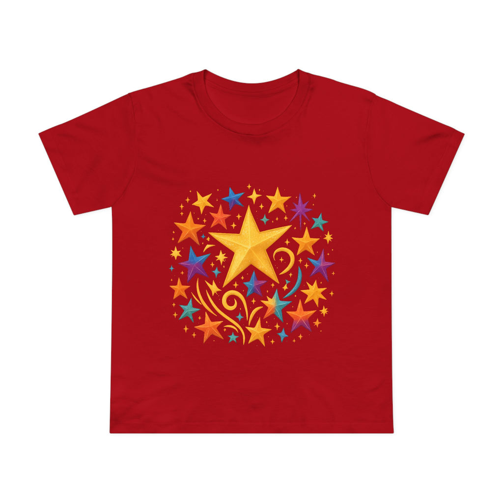 Close-up of star print on breathable 100% combed cotton tee

