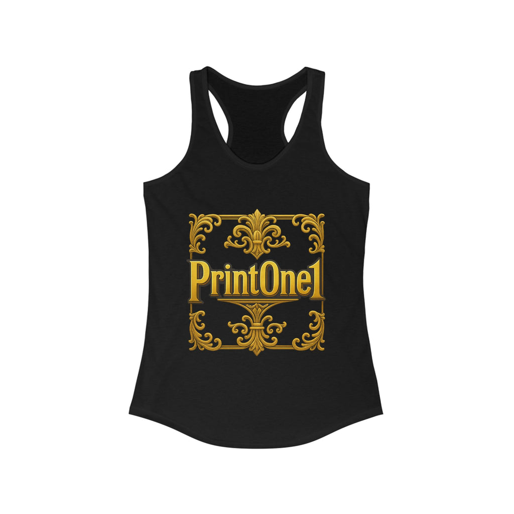 Close-up of the PrintOne1 women's tank top neckline and shoulder fit for comfort.

