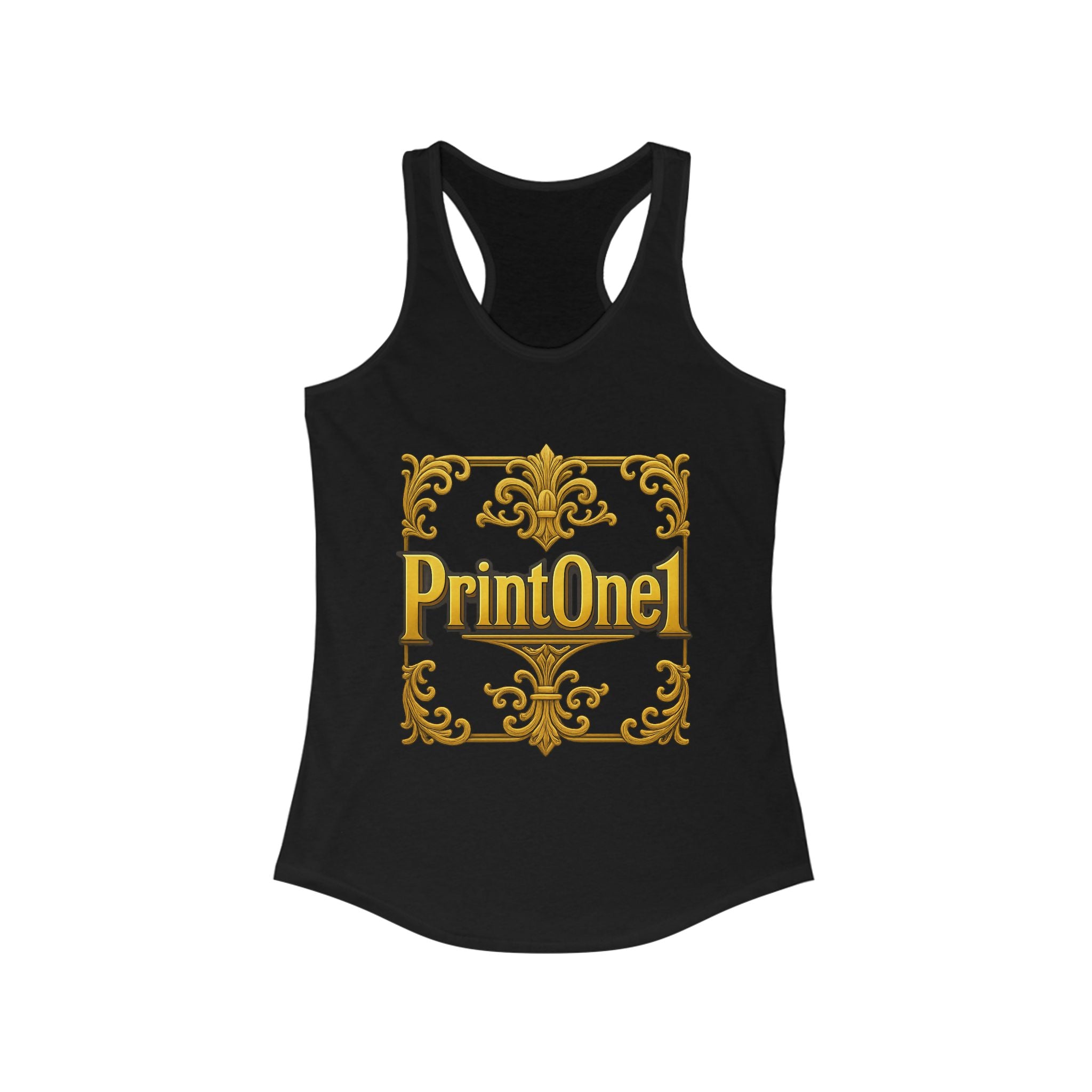 Close-up of the PrintOne1 women's tank top neckline and shoulder fit for comfort.

