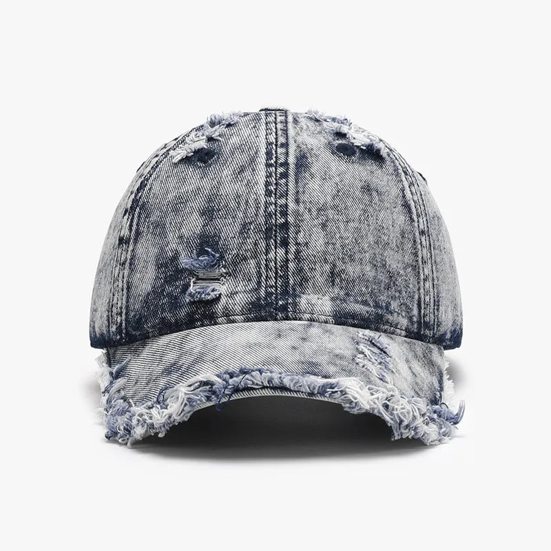 Close-up of the pre-curved brim and stitching on a Distressed Cotton Baseball Cap

