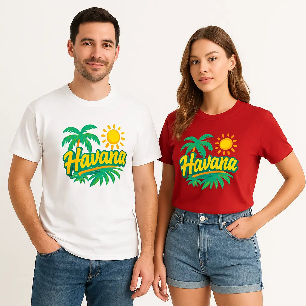 Close-up of vibrant palm and sunset print on unisex cotton tee.

