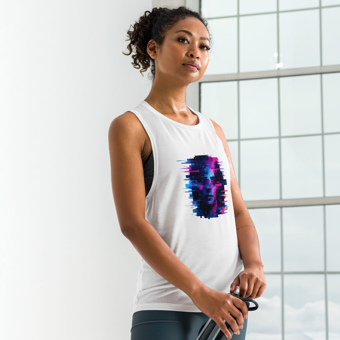 Close-up of vivid glitch-art face print on ladies’ muscle tank, showing neon blues and pinks, crisp stitching, and soft poly-viscose texture.

