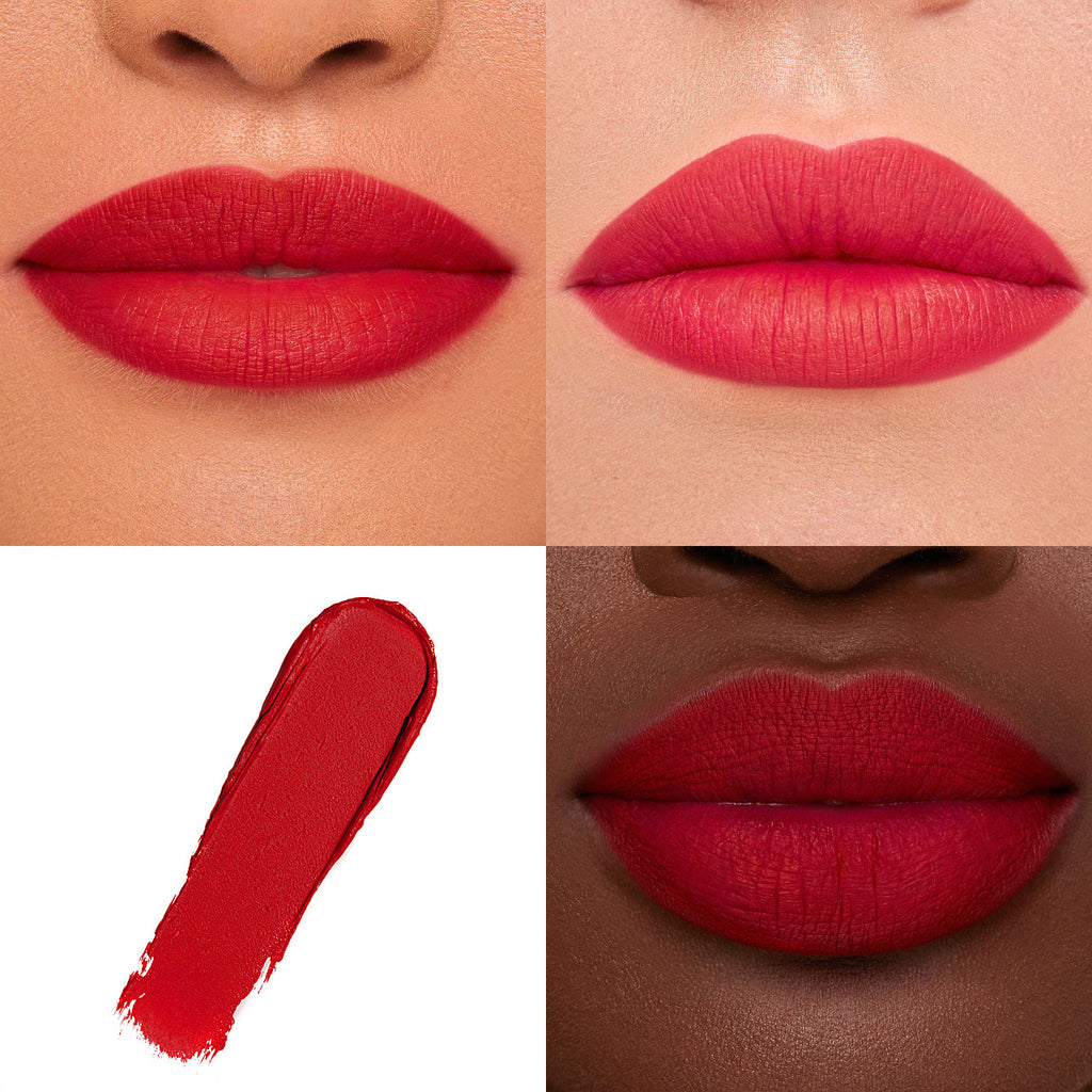 Close-up on lips with our nude Phofay Matte Lipstick, highlighting the perfect velvety finish that this premium cream lipstick provides.

