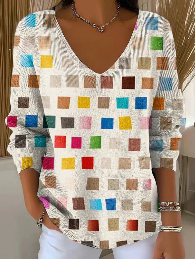 Color Swatch of Digital Print on Polyester Gradient V-Neck Long Sleeve Tee – Vivid Hues for Bold Statements