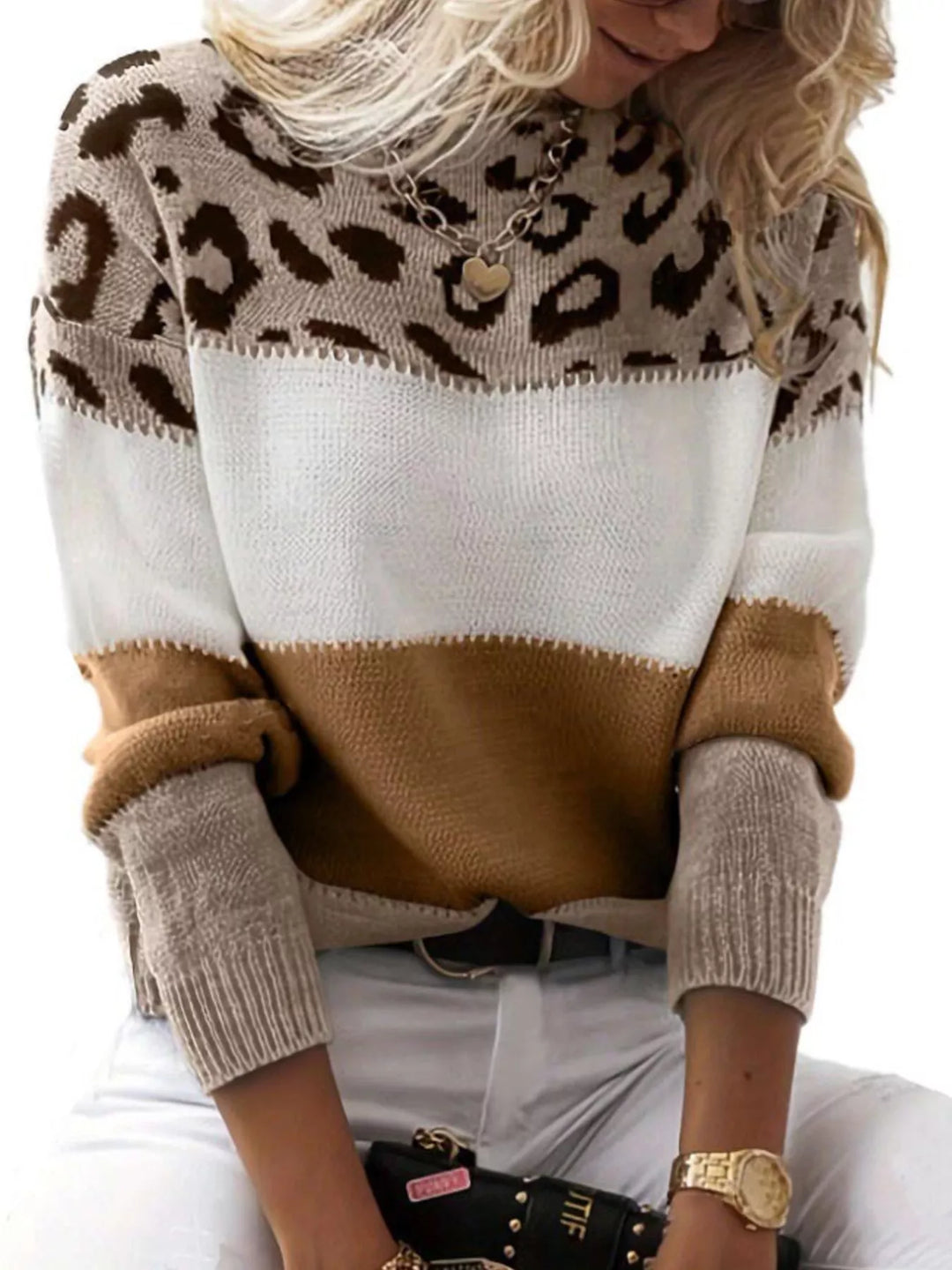 Color block sweater back view showing panel design