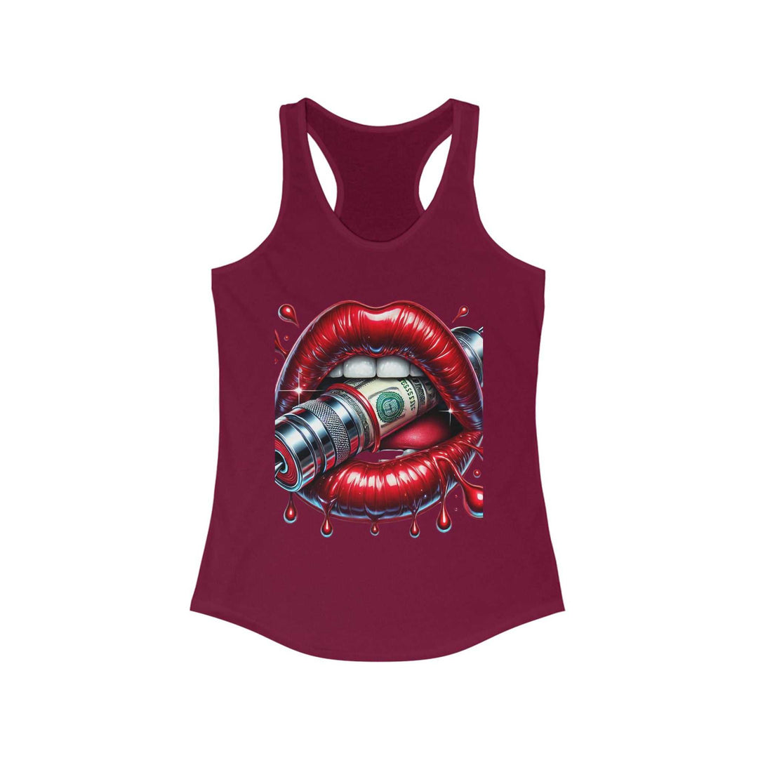 Maroon women's racerback tank top with bold lips graphic
