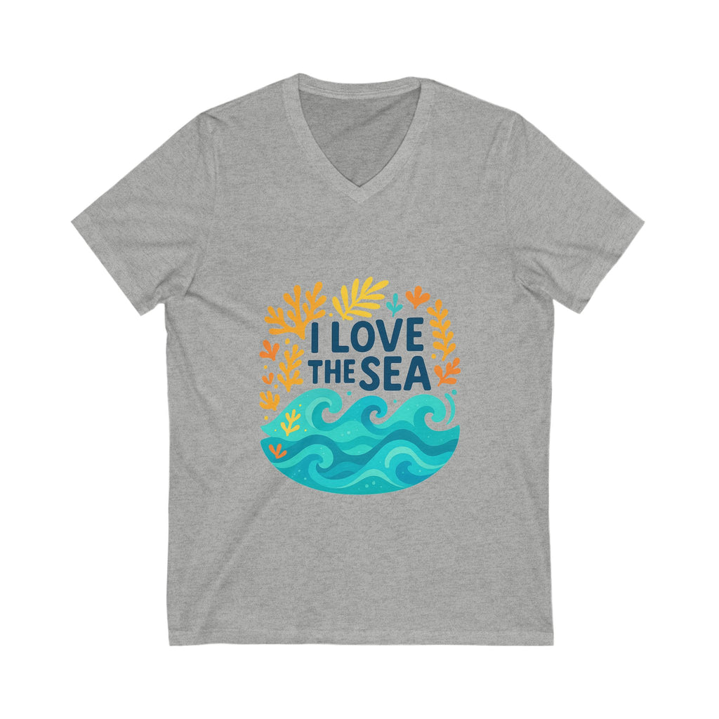 Comfortable unisex summer shirt with v-neck cut and ocean love print, ethical cotton fabric

