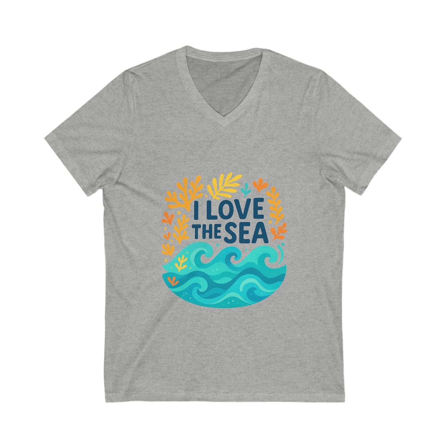 Comfortable unisex summer shirt with v-neck cut and ocean love print, ethical cotton fabric

