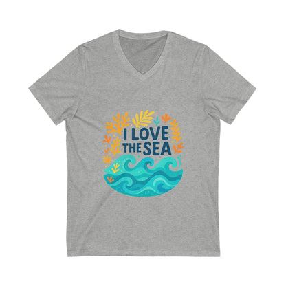 Comfortable unisex summer shirt with v-neck cut and ocean love print, ethical cotton fabric

