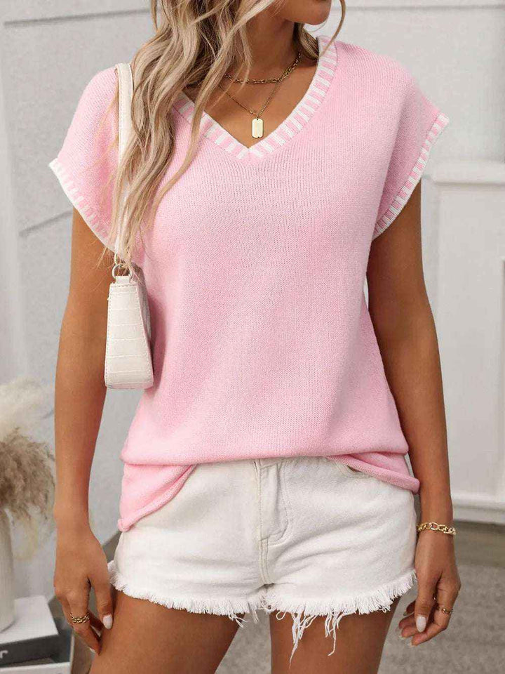 Contrast Trim V-Neck Knit Top for Women