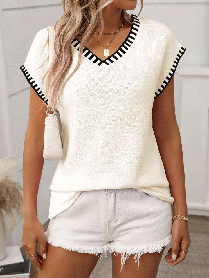 Contrast Trim V-Neck Knit Top for Women