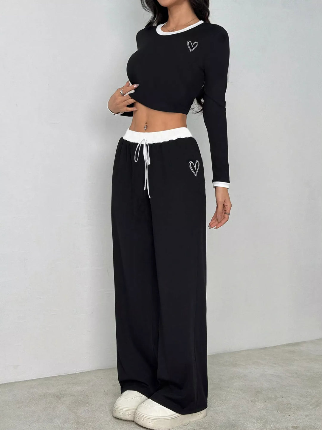 Contrast Trim Crop Top and Wide Leg Pants Set back detail