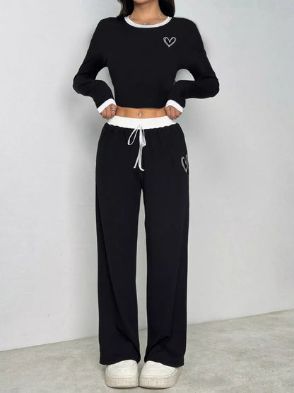 Contrast Trim Crop Top and Wide Leg Pants Set lounge look