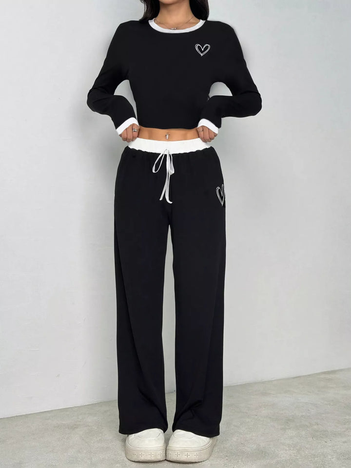Contrast Trim Crop Top and Wide Leg Pants Set lounge look