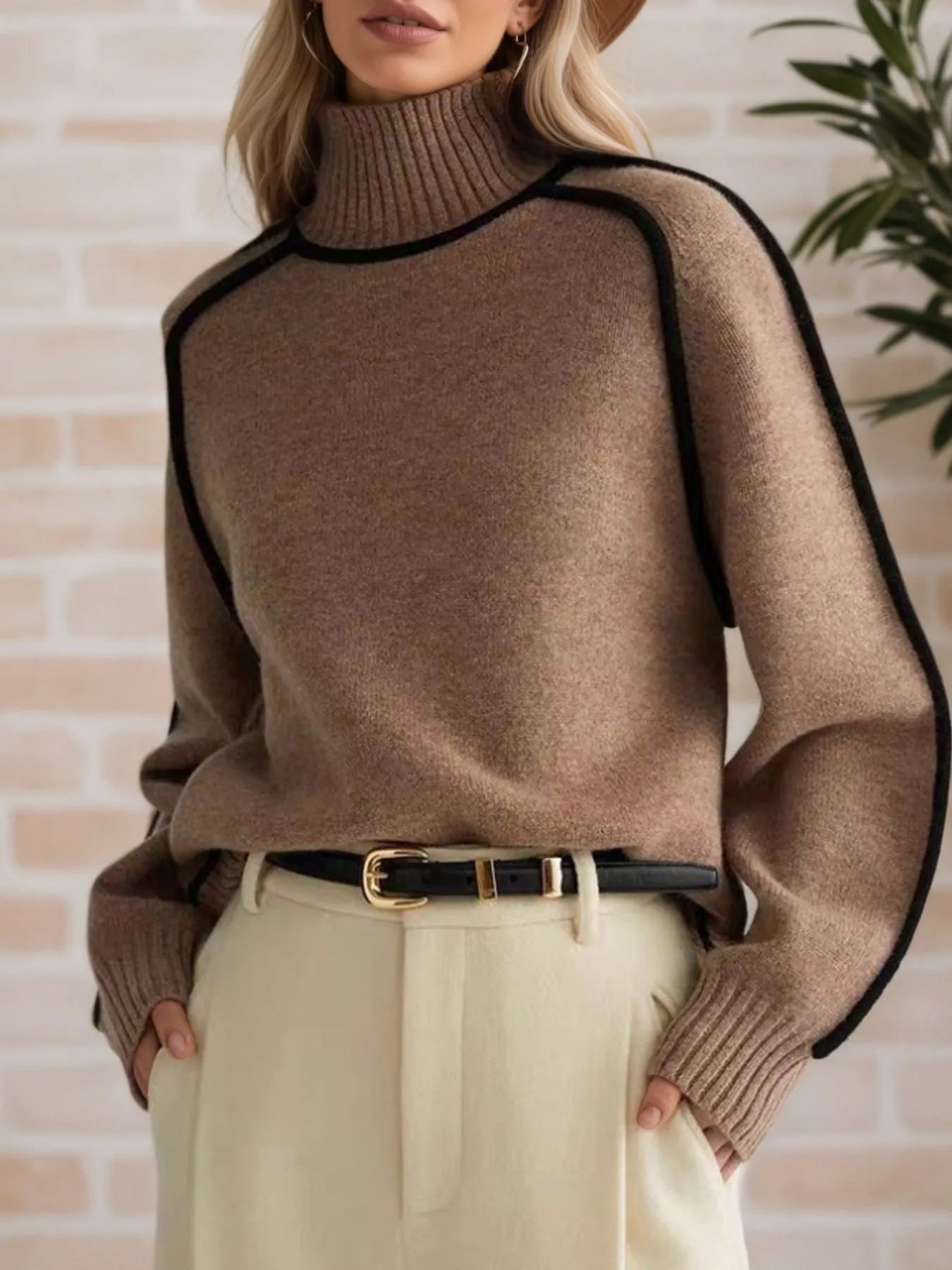 Contrast Trim Turtleneck Sweater – coffee-run street style