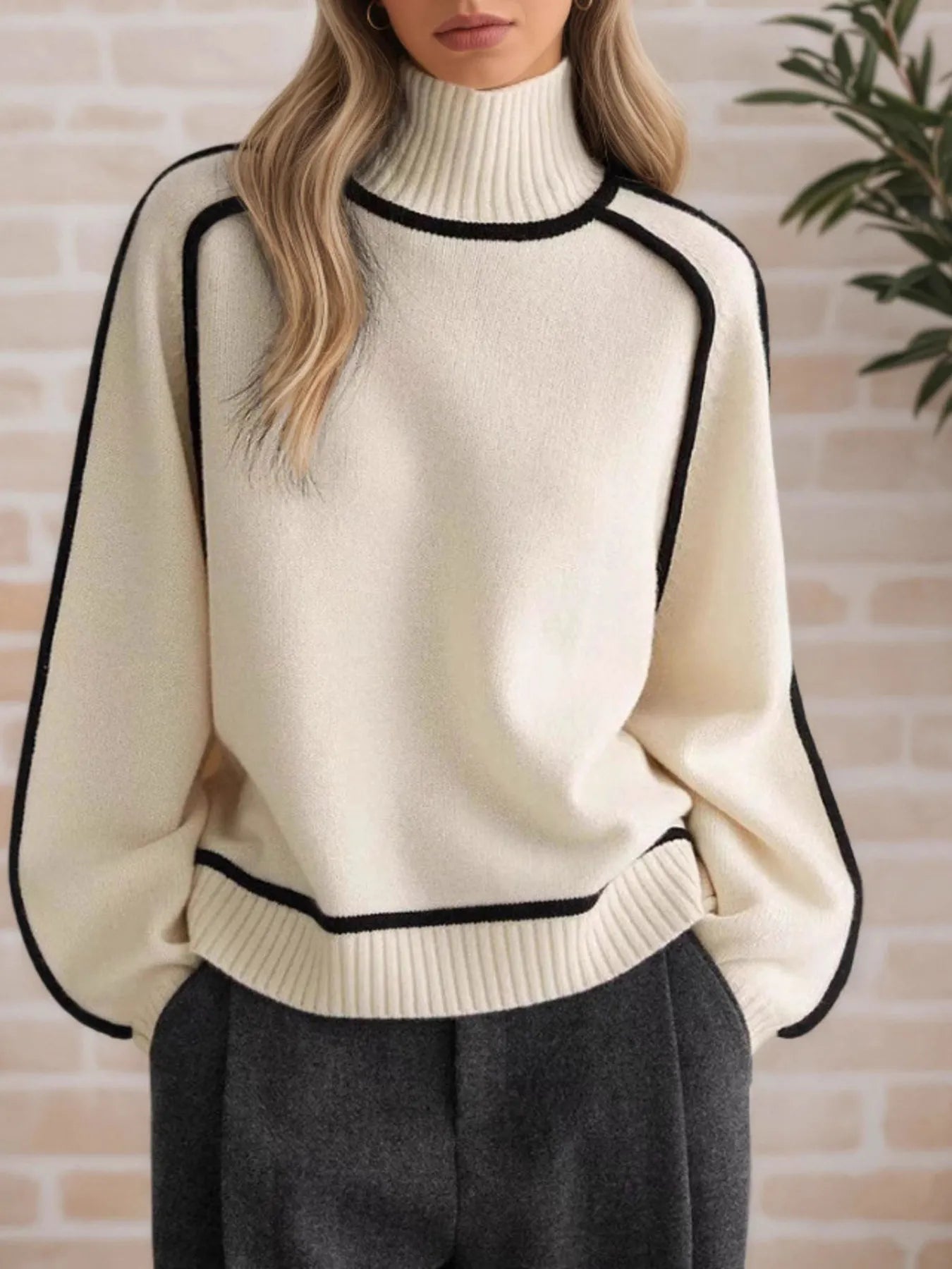 Contrast Trim Turtleneck Sweater – cozy ribbed neck detail