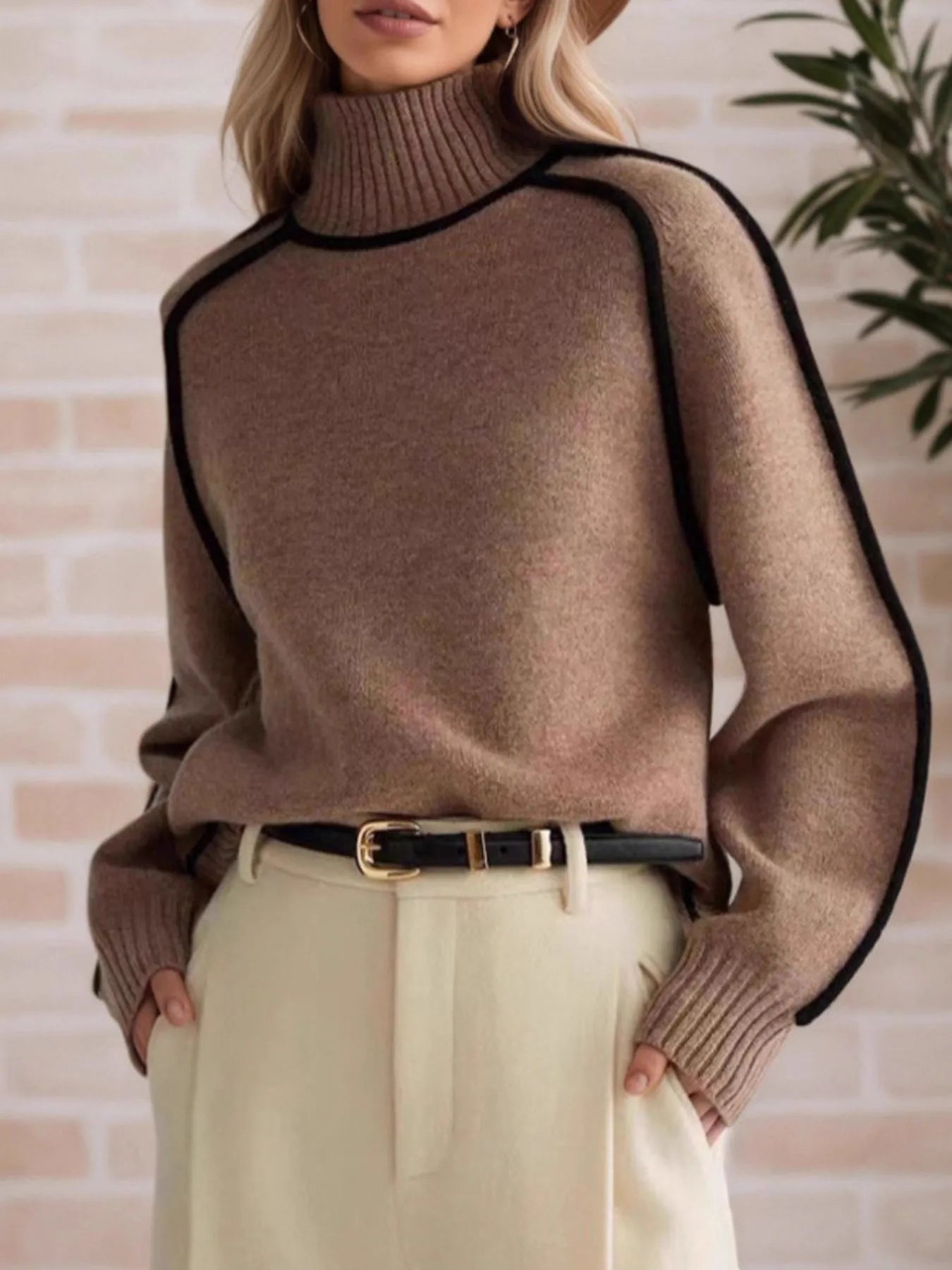 Contrast Trim Turtleneck Sweater – layered under trench coat