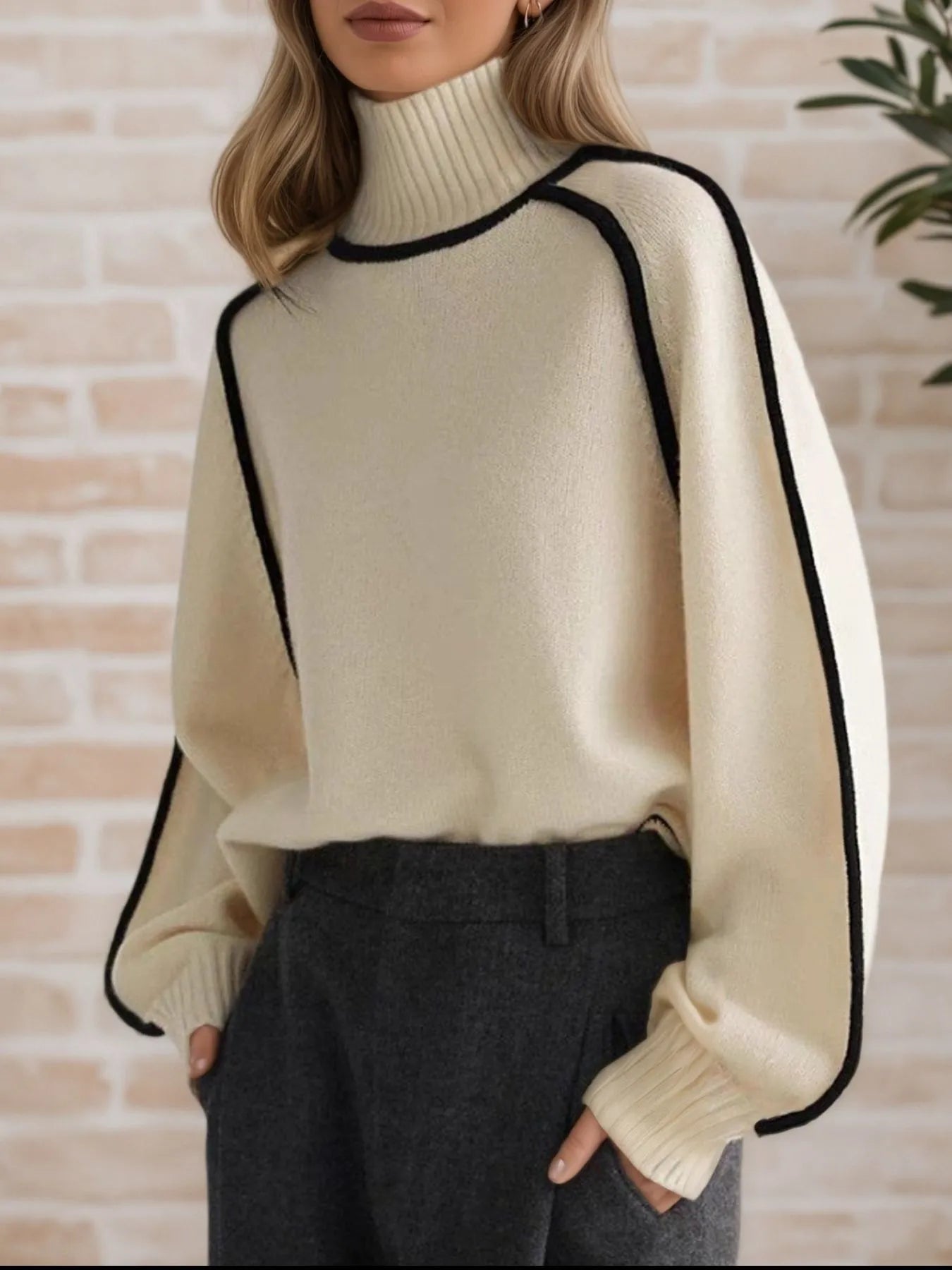 Contrast Trim Turtleneck Sweater – office-ready outfit flatlay