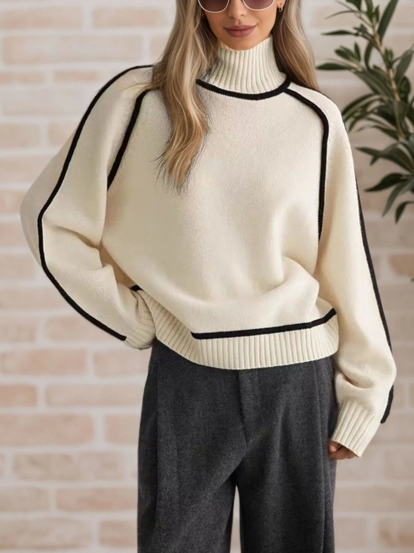 Contrast Trim Turtleneck Sweater – side profile with jeans