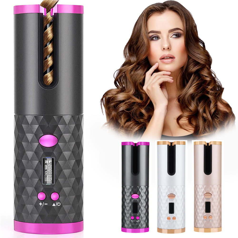 Cordless auto curler with LCD and anti-tangle protection