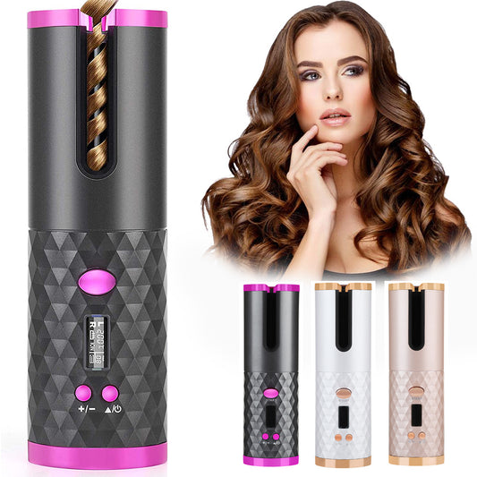 Cordless auto curler with LCD and anti-tangle protection