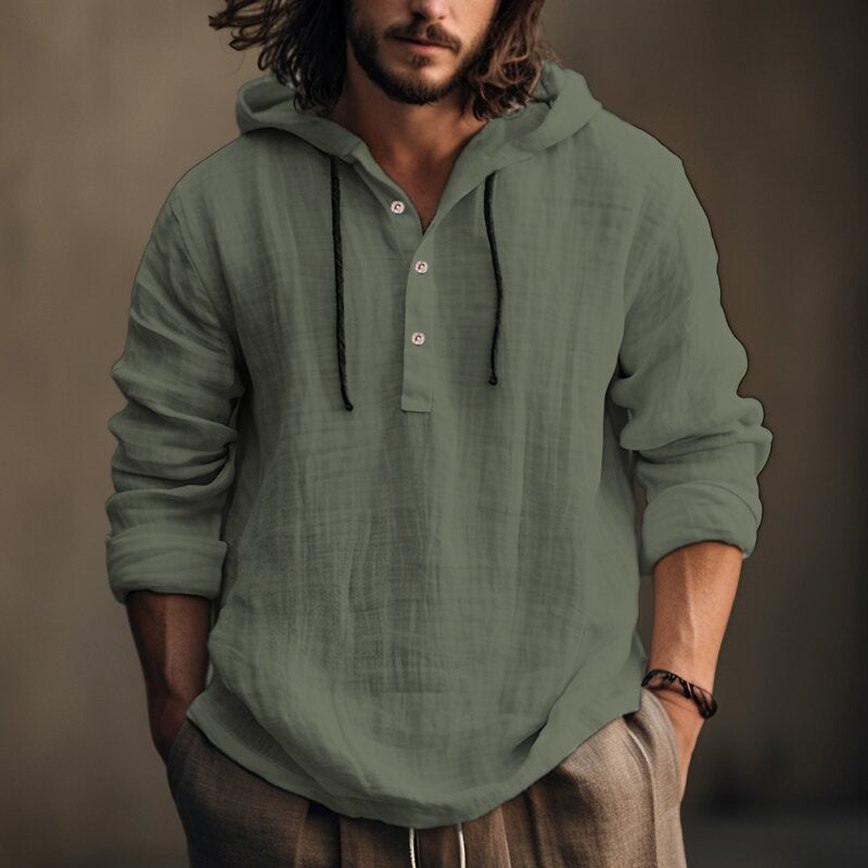 Cotton Linen Hooded Shirt – Long Sleeve Street–Leisure Style