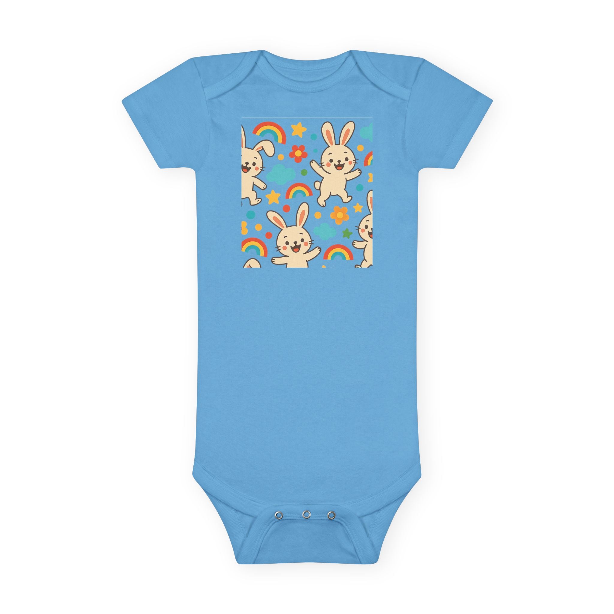 Cute Bunny Baby Onesie shown in styled spring setting

