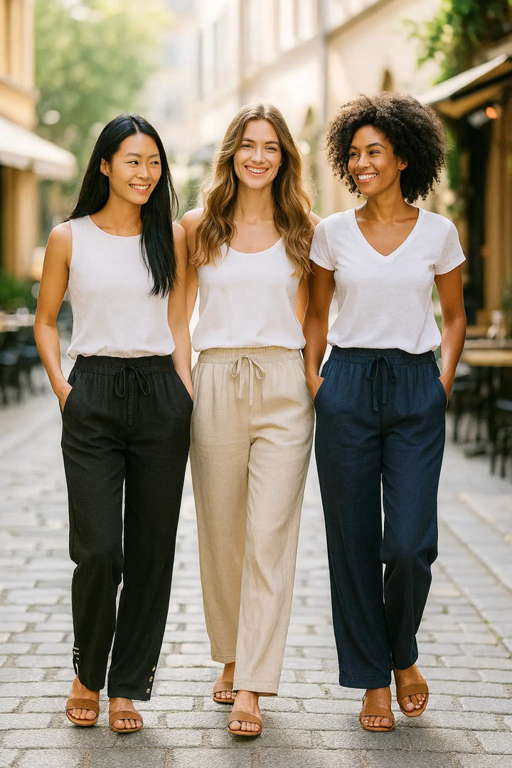 Cotton linen wide-leg trousers – breathable drawstring fit with pockets, S–3XL, 18 colors